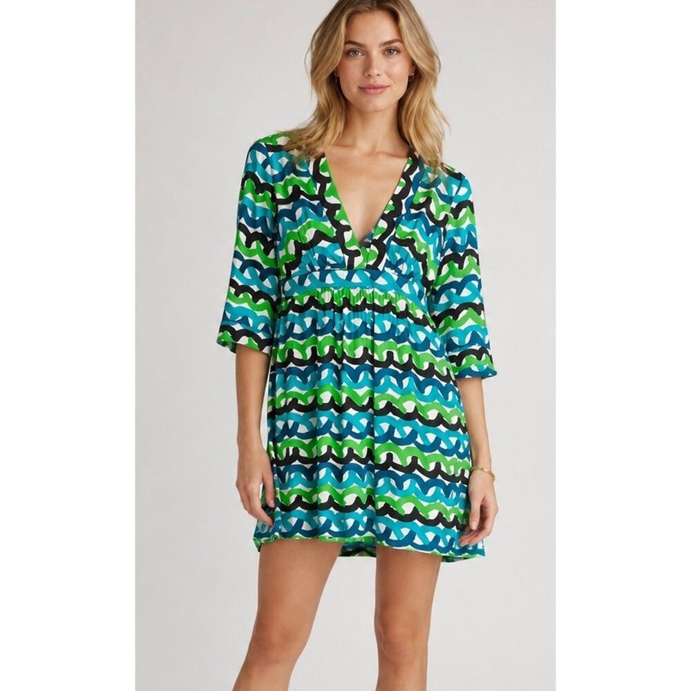 Vintage Milly Y2K V Neck Mini Dress Sz 4 100% Silk Lined Blue Green Chain Print